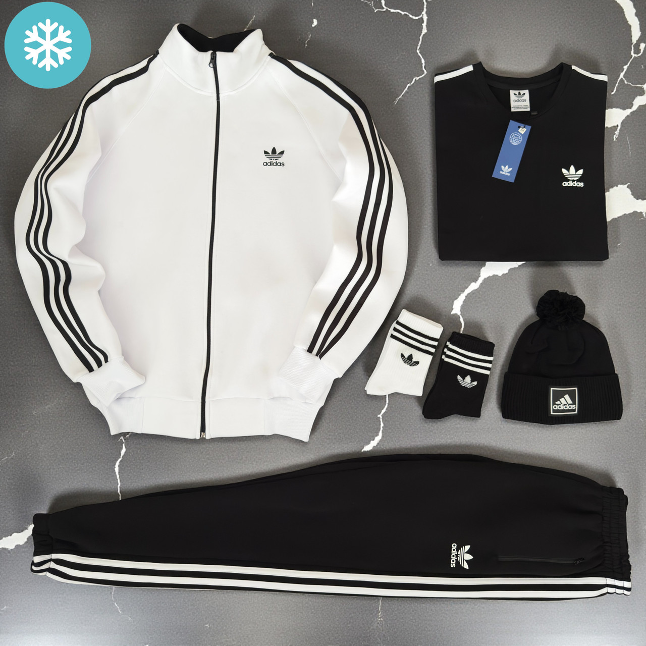 Зимовий чоловічий спортивний костюм Adidas на флісі теплий комплект 6в1 білий Туреччина. Живе фото, фото 1