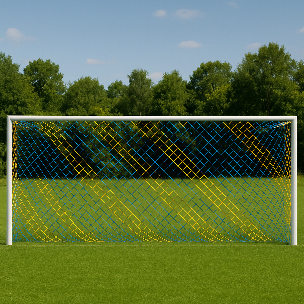Сітка футбольна БЕЗВУЗЛОВА підвищеної міцності «ПРЕМІУМ» жовто-синя (комплект з 2 шт.), фото 1