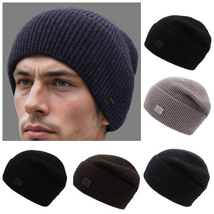 Чоловіча зимова шапка з підворотом з вовною кашеміром без підкладки тепла модель, фото 1