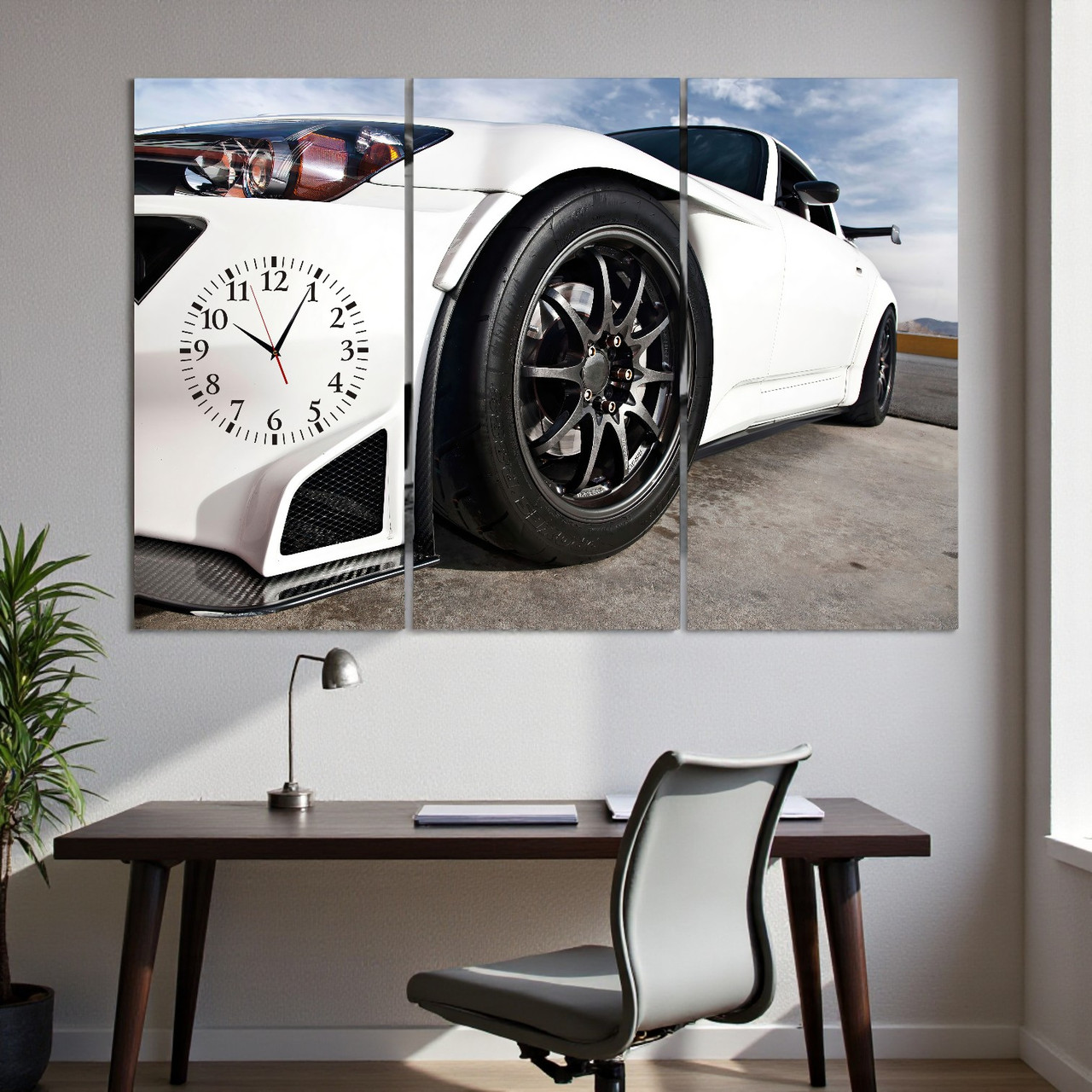 Картина з годинником «Білий спорткар» Модульна картина для чоловічого інтер’єру Друк на полотні 90х60 см з 3х частин, фото 1