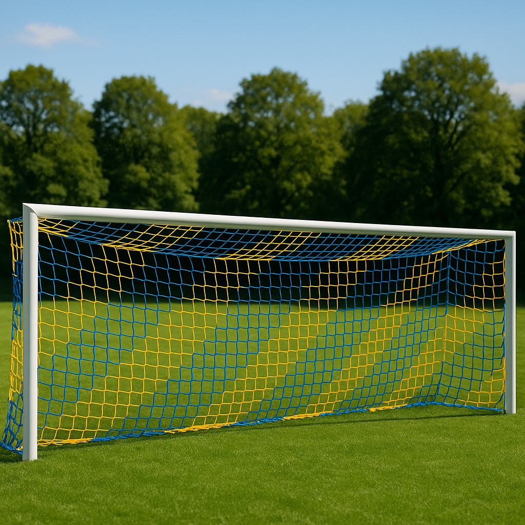 Сітка для футболу БЕЗВУЗЛОВА підвищеної міцності «ПРЕМІУМ 2,1» жовто-синя (комплект з 2 шт.)