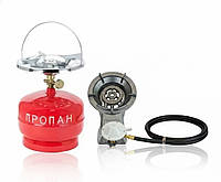Комплект чавунна газова плита - конфорка настільна 7.5 кВт з балоном 5 л та 3м шланга, редуктор