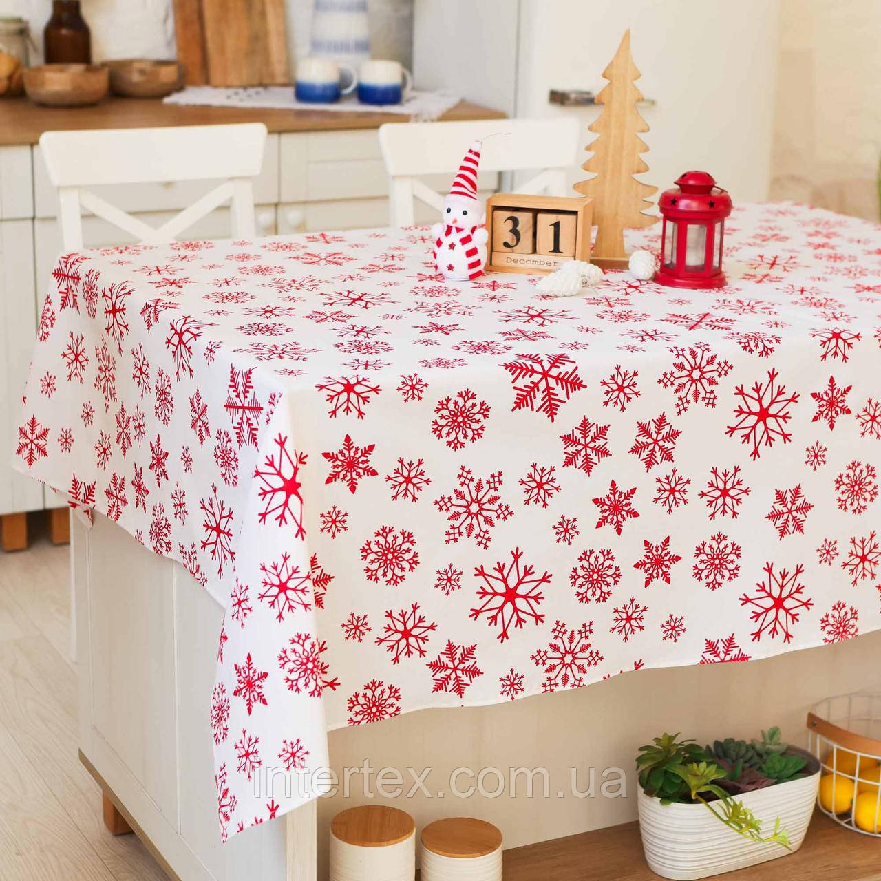 Скатертина новорічна "Сніжинки червоні (на білому)" 1.5м х 1.5м, фото 1