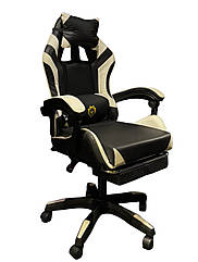 Геймерське крісло Primaveo з ергономічними подушками та підставкою для ніг — офісне крісло чорне-біле, екошкіра