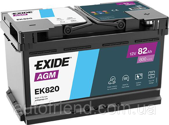 Акумулятор EXIDE START-STOP AGM 82Ah Єв (-/+) (800EN) (д315*ш175*в190) EK820, фото 1
