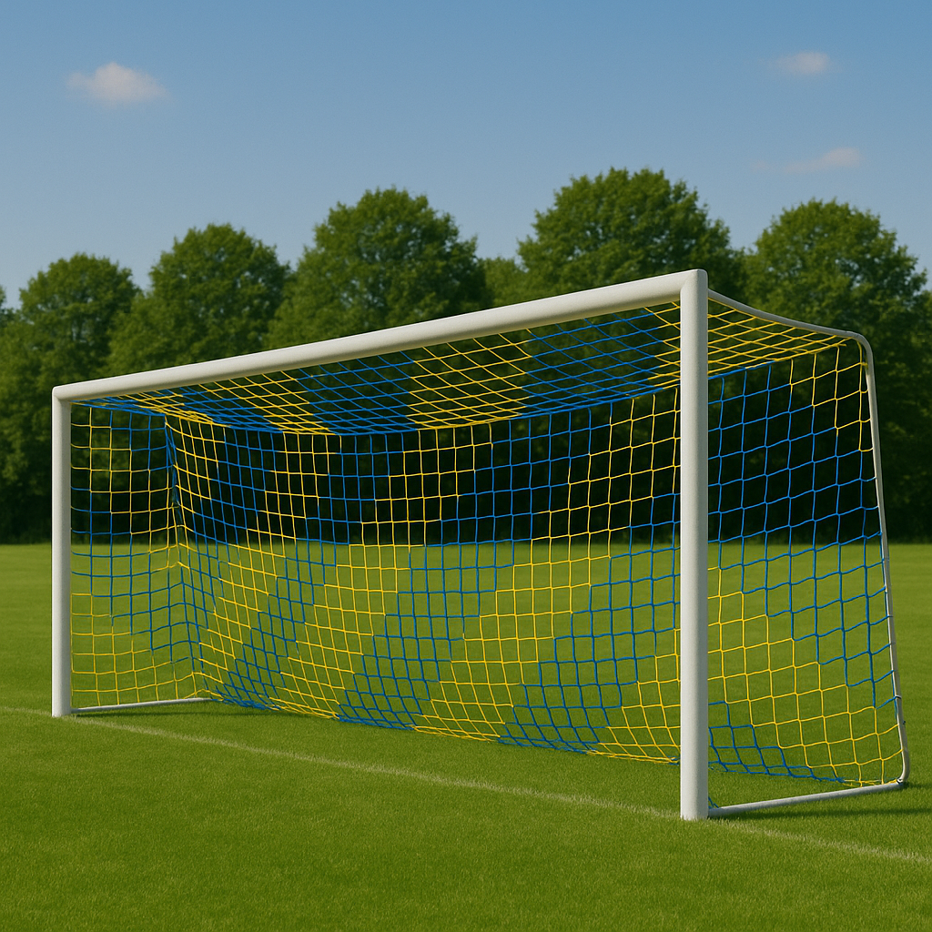 Сітка для футболу підвищеної міцності «ЕКСКЛЮЗИВ 1,5» жовто-синя (комплект 2 шт), фото 1