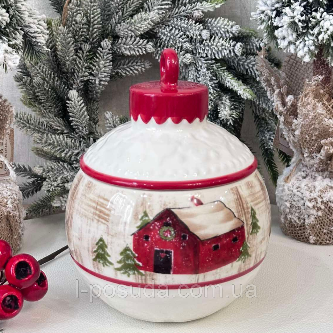 Новорічна керамічна банка для солодощів 1,1 л Веселий Сніговик, фото 1