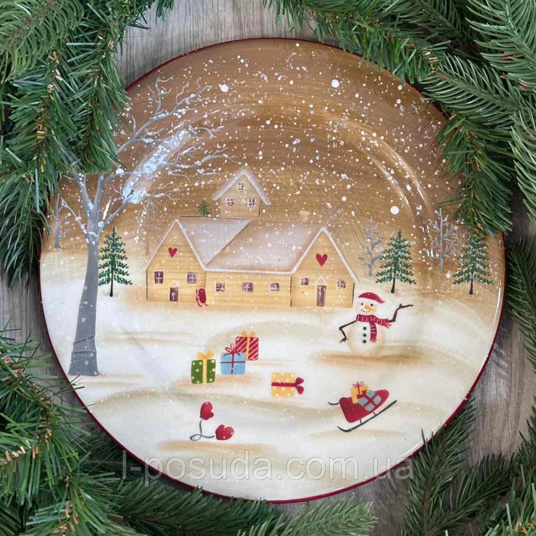 Новорічна керамічна тарілка Веселий сніговик 25,5 см, фото 1