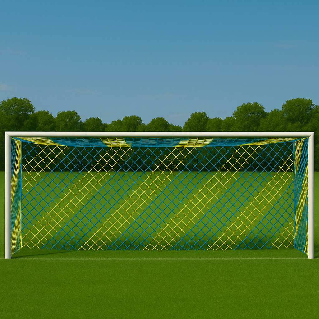 Сітка для футболу БЕЗВУЗЛОВА підвищеної міцності «ЕЛІТ 2,1» жовто-синя (комплект з 2 шт.)