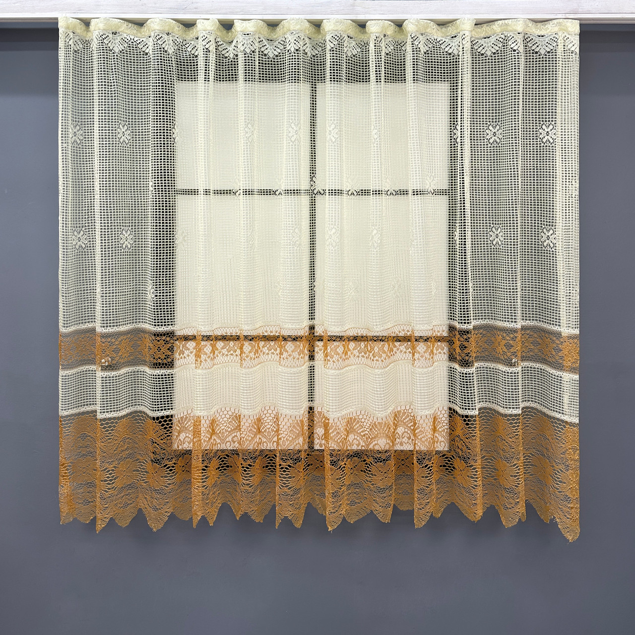 Тюль сітка, полоса колір молочний з коричневим. Код 612т, фото 1