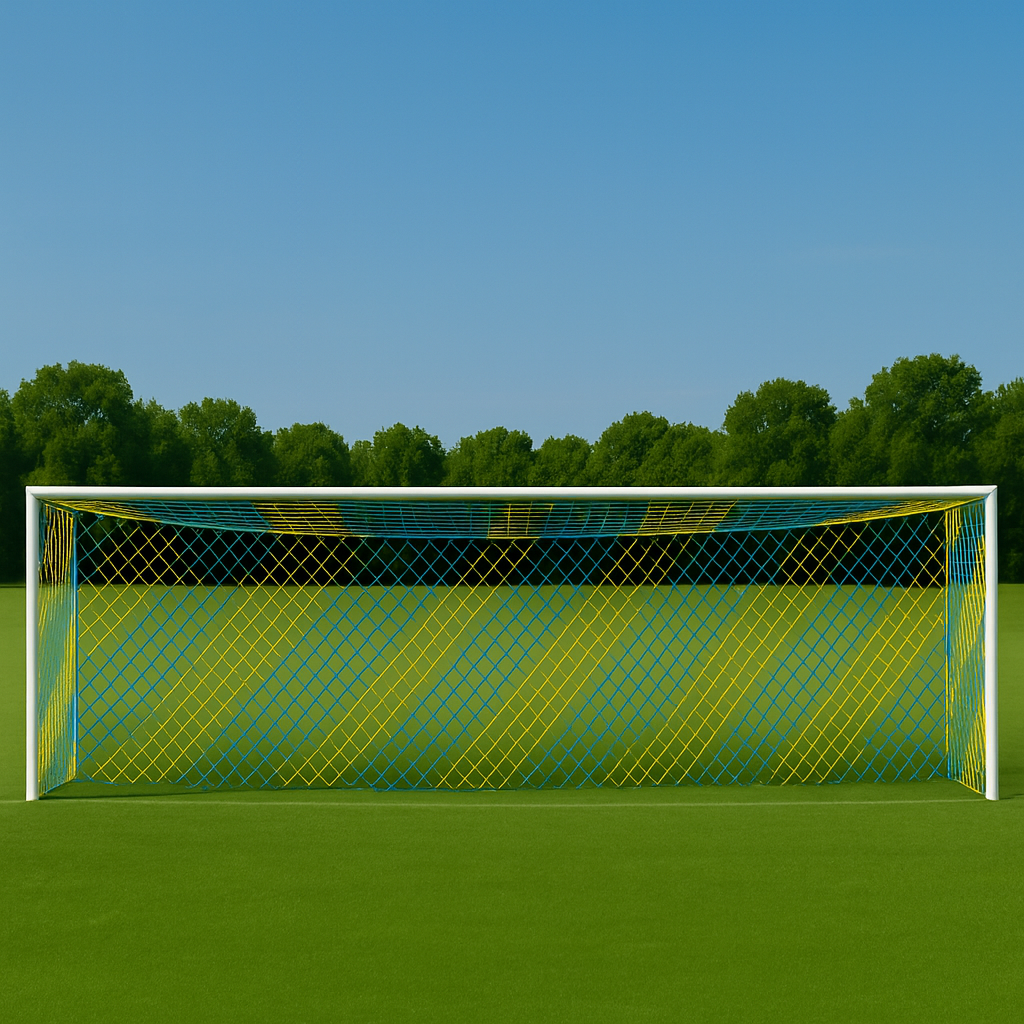 Сітка для футболу підвищеної міцності «СТАНДАРТ ПЛЮС 2.1» жовто-синя (комплект 2 шт)