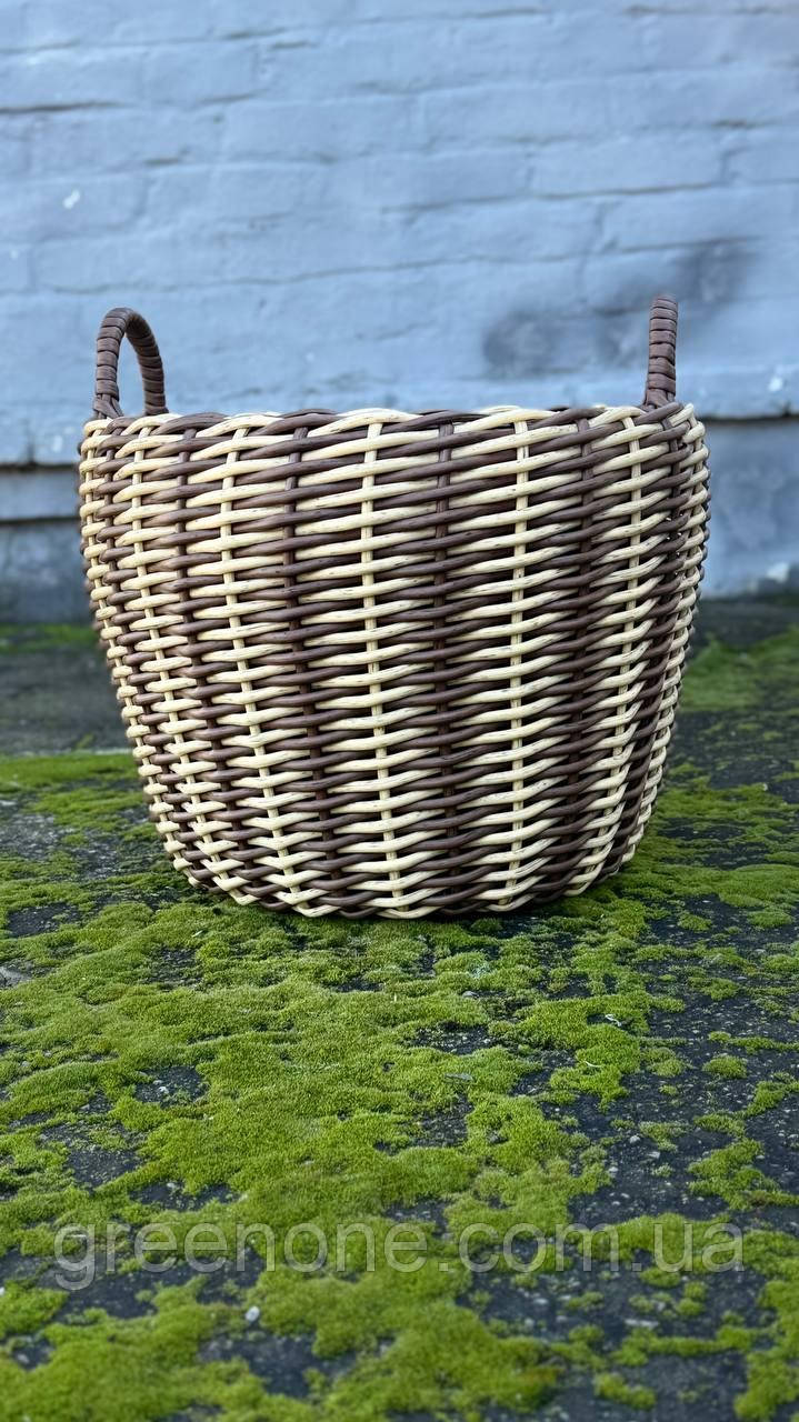 Кошик коричневий для дров плетений з ручками зі штучного ротанга ручної роботи 20 л, фото 1