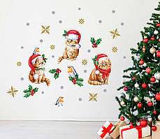 Дитячі наліпки на вікно та стіну  Милі Котики  в шапках Санти  розмір листа S 500x545мм