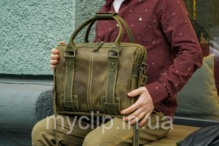 Чоловічий портфель оливковий 46 см*35 см, сумка-портфель чоловічий,чоловічий шкіряний діловий портфель, фото 1