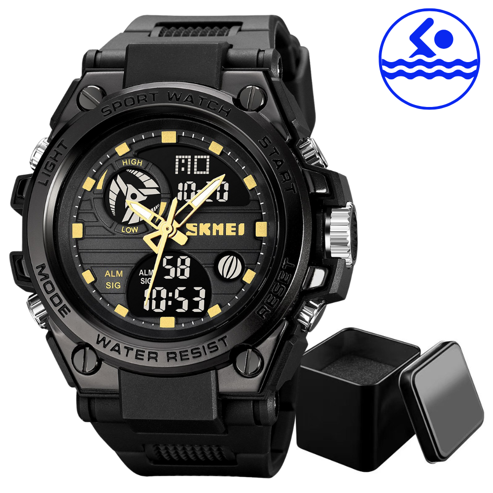 Годинник чоловічий чорний з підсвічуванням водонепроникний Skmei будильник секундомір + коробка, фото 1