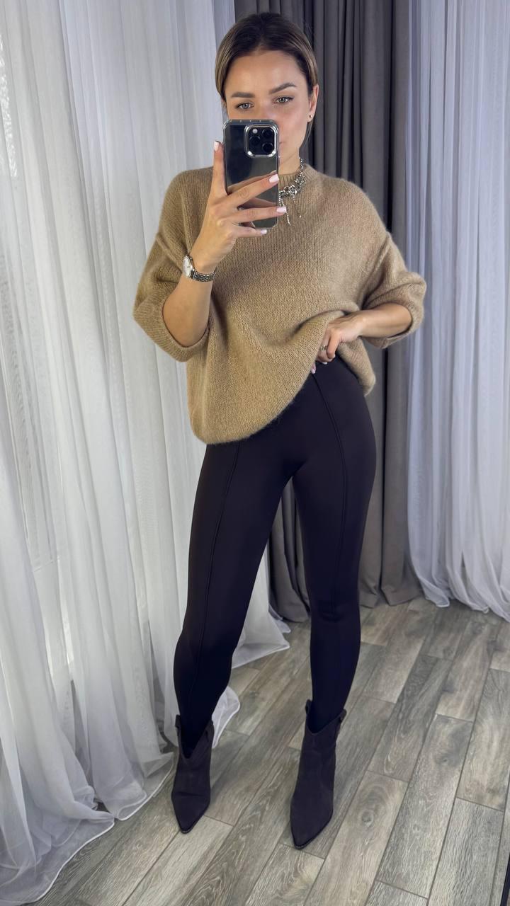 Коричневі теплі жіночі лосини на флісі зі штрипками, фото 1