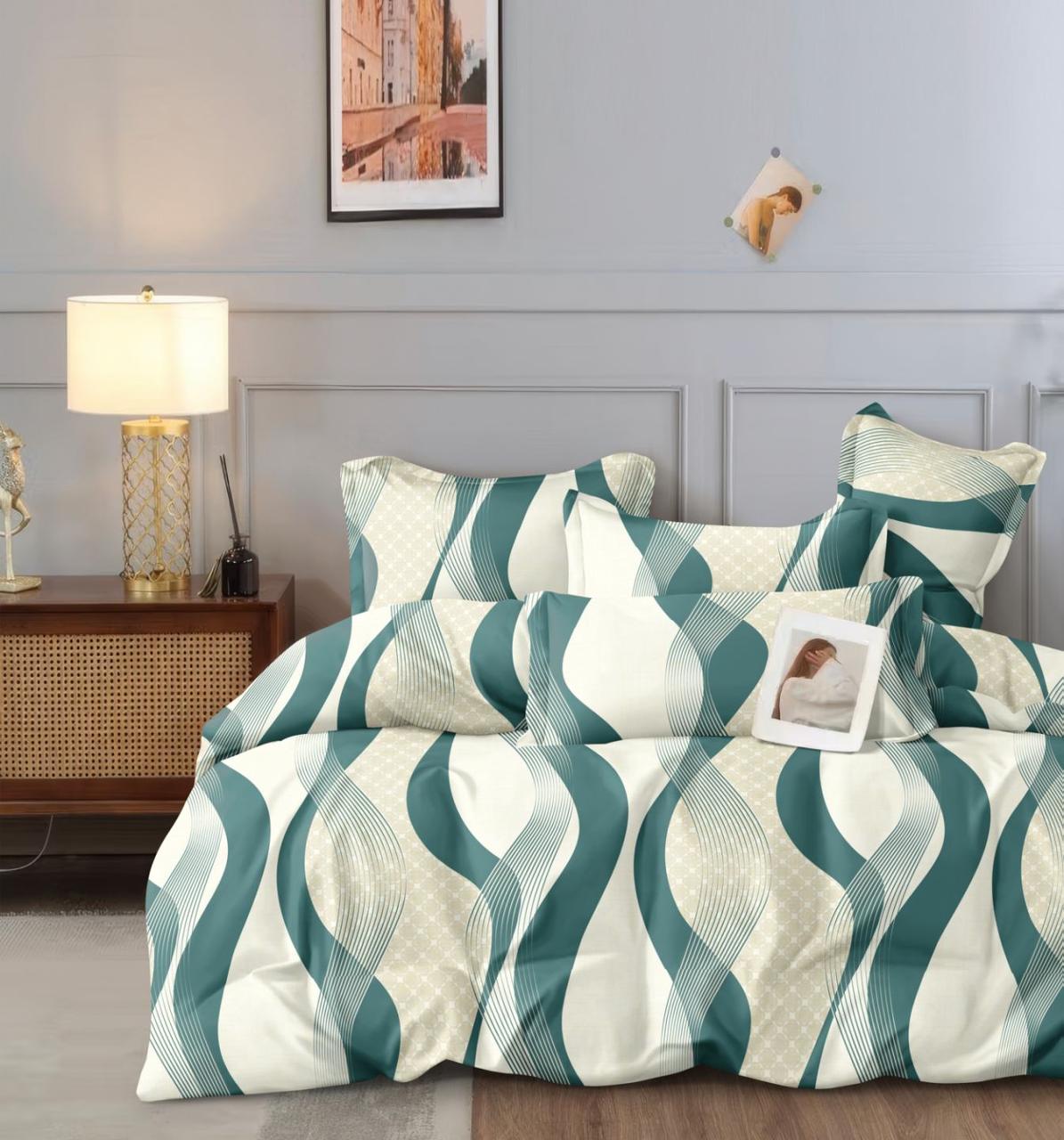 Простирадло 150х220 (Сатин) | Полуторне простирадло від виробника "Королева Ночі" | Бірюзові хвилі на молочному, фото 1