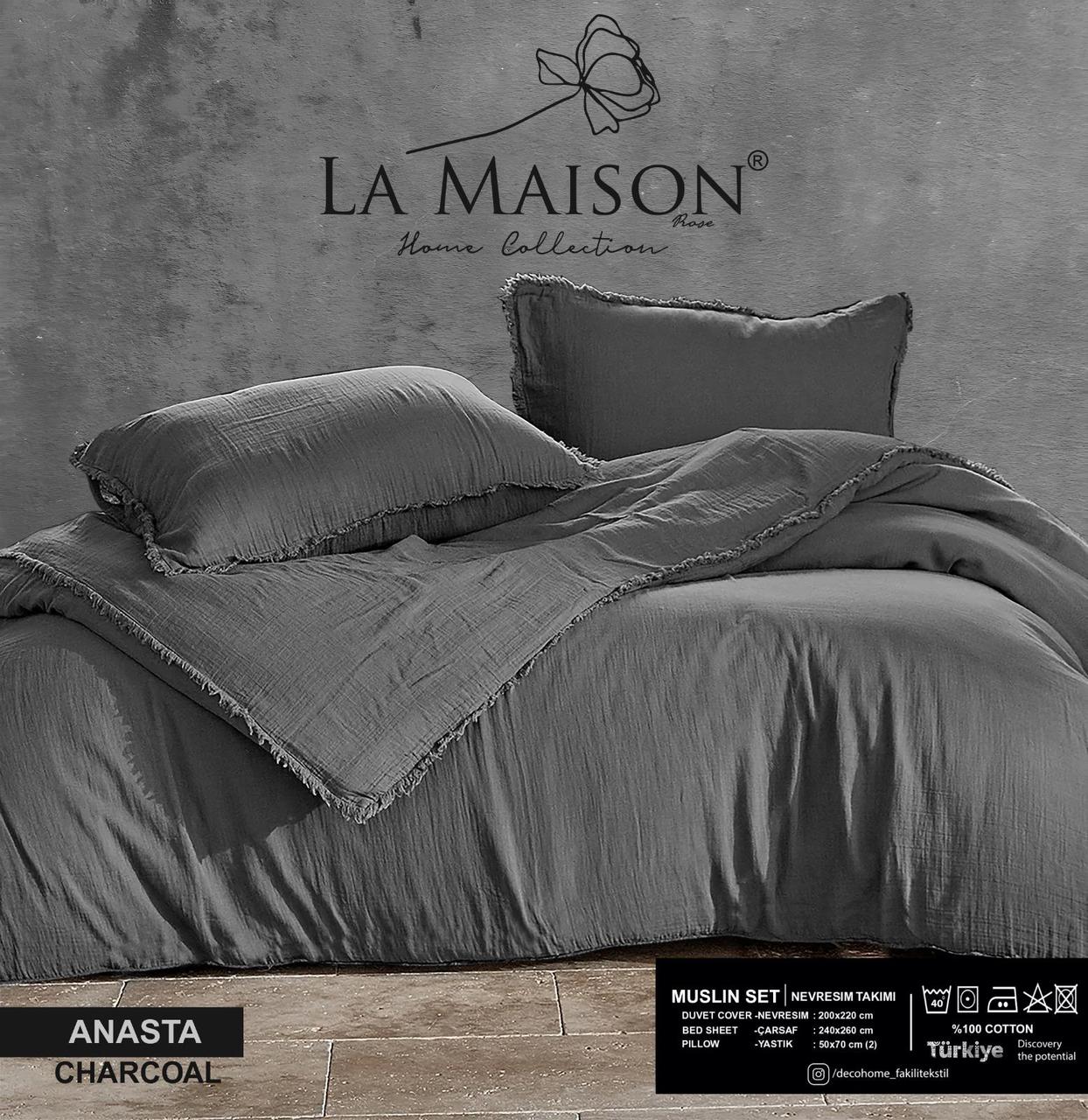 Постільна білизна з мусліну La Maison євро розмір сіра, фото 1