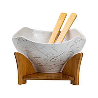 Салатниця га бамбуковій підставці з виделкою і ложкою 22*22*14 см Білий HP1228