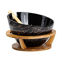 Салатниця на бамбуковій підставці з ложкою Ø 25 см чорна HP1245