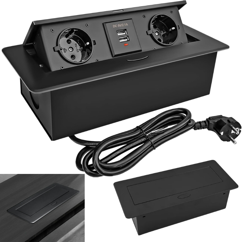 Прихована подвійна розетка вбудована в стільницю висувна + 2 входи USB 2.1 - Чорна Loft, фото 1