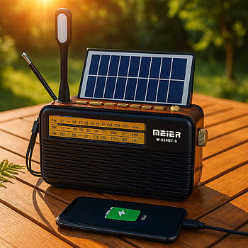 Радіоприймач із сонячною панеллю, ліхтариком та USB, Meier M-520BT-S, Чорний / Акумуляторний радіостанція / Радіо