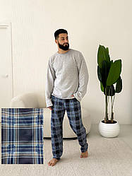 Піжама чоловіча тепла ТРИКОТАЖ НА ПІДЧОСІ штани+лонгслів СИНЬО-СІРИЙ KMW06/3