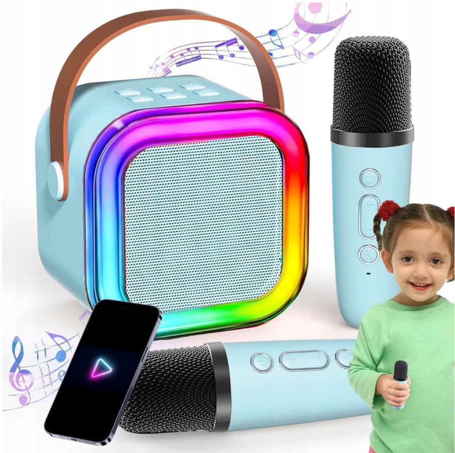 Караоке Комплект bluetooth динамік 2x мікрофон синій ZS55B, фото 1