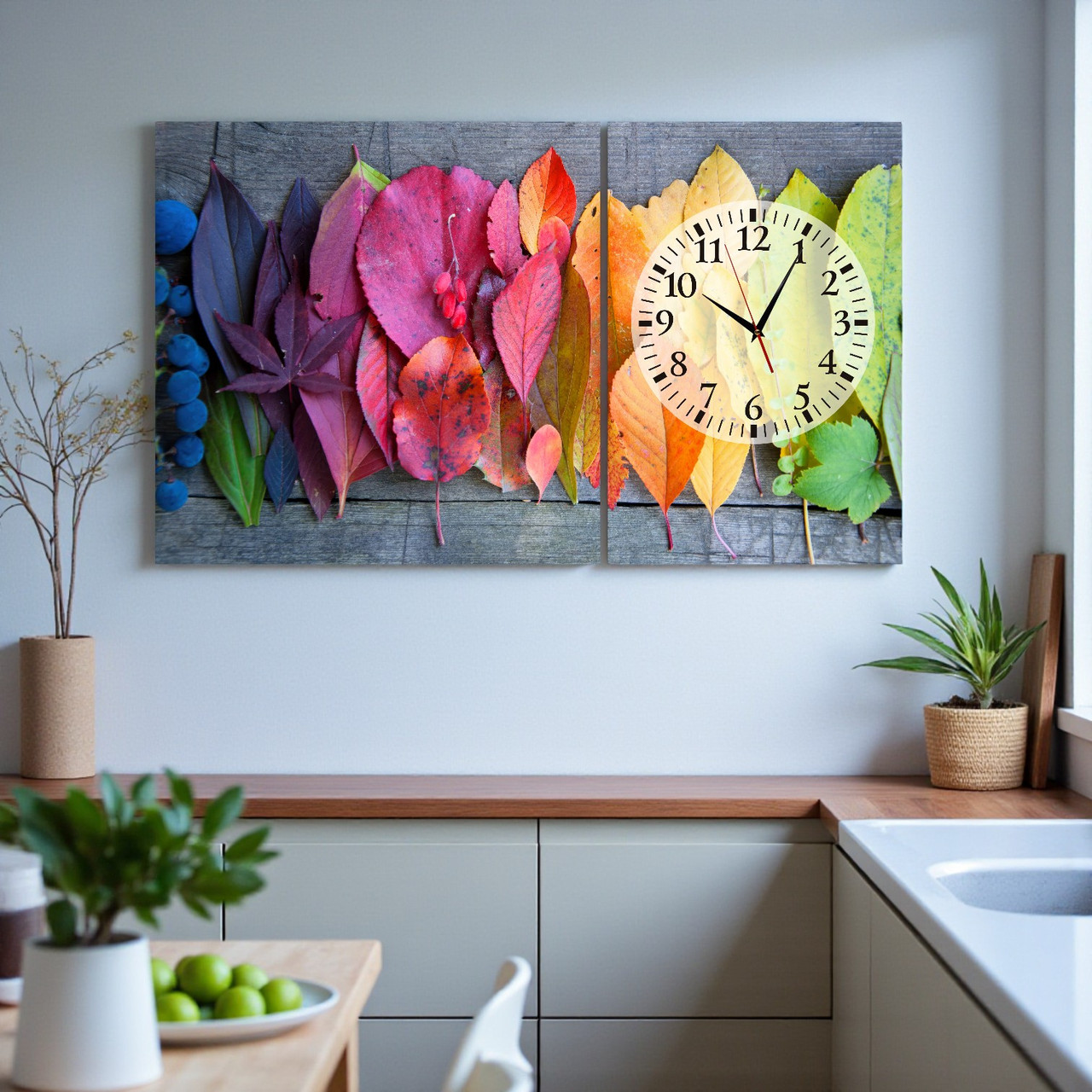 Картина з годинником «Осіннє листя» Яскравий настінний декор для вітальні або кухні З безшумним механізмом 100х60 см з 2х частин, фото 1
