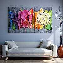 Картина з годинником «Осіннє листя» Яскравий настінний декор для вітальні або кухні З безшумним механізмом 100х60 см з 2х частин, фото 3