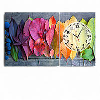Картина з годинником «Осіннє листя» Яскравий настінний декор для вітальні або кухні З безшумним механізмом 100х60 см з 2х частин, фото 2