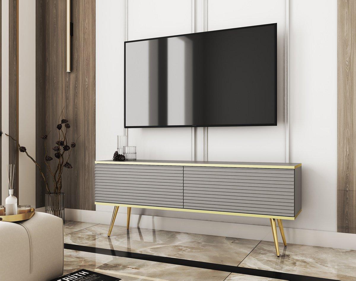 Тумба під телевізор Perfect Home Оро / Oro 2-дверна з золотими ніжками RTV135 MDF Сірий (PFH-091330)