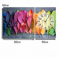 Картина з годинником «Осіннє листя» Яскравий настінний декор для вітальні або кухні З безшумним механізмом 100х60 см з 2х частин, фото 5