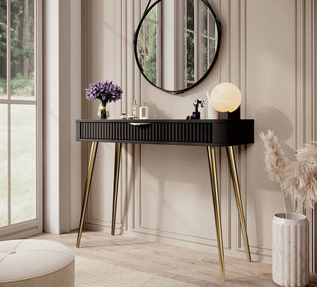 Стіл туалетний Perfect Home Ланте / Lante 1S/100 з 1 шухлядою і золотими ніжками Чорний (PFH-091196), фото 1