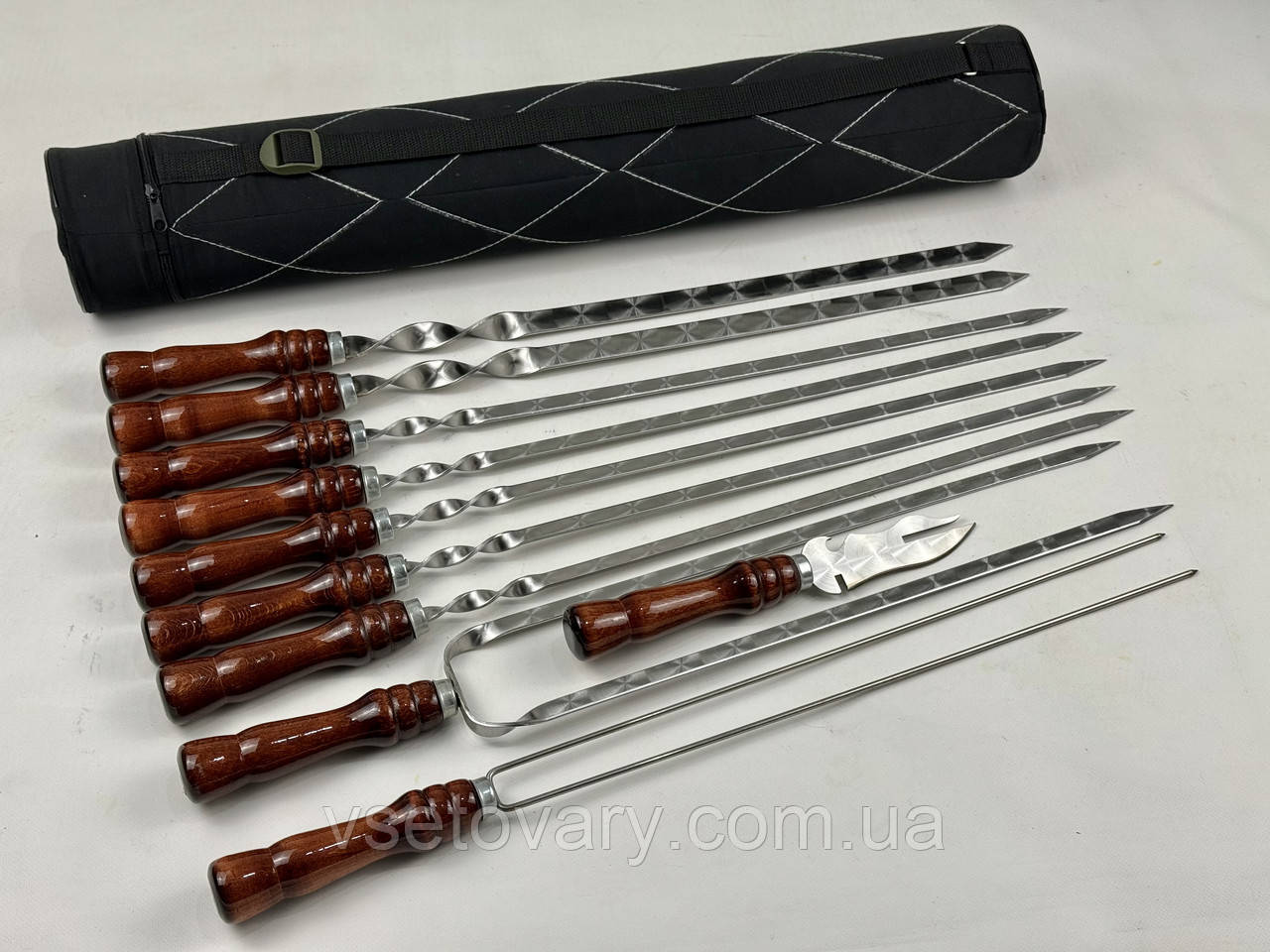Набір шампурів в тубусі КІЗЛЯР, (6 штук, 2 люля-кебаб, подвійний шампур, овочевий шампур, вилка-ніж для зняття), фото 1