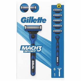 Станок для гоління + змінні касети Gillette Mach 3 Sport 3 леза (1 станок + 6 шт.)