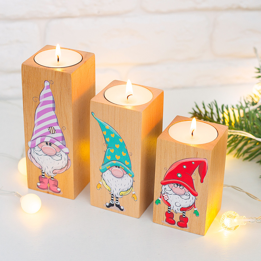 Підсвічники з натурального дерева, набір 3 шт. під чайну свічку "Гноми" (натуральний колір), фото 1