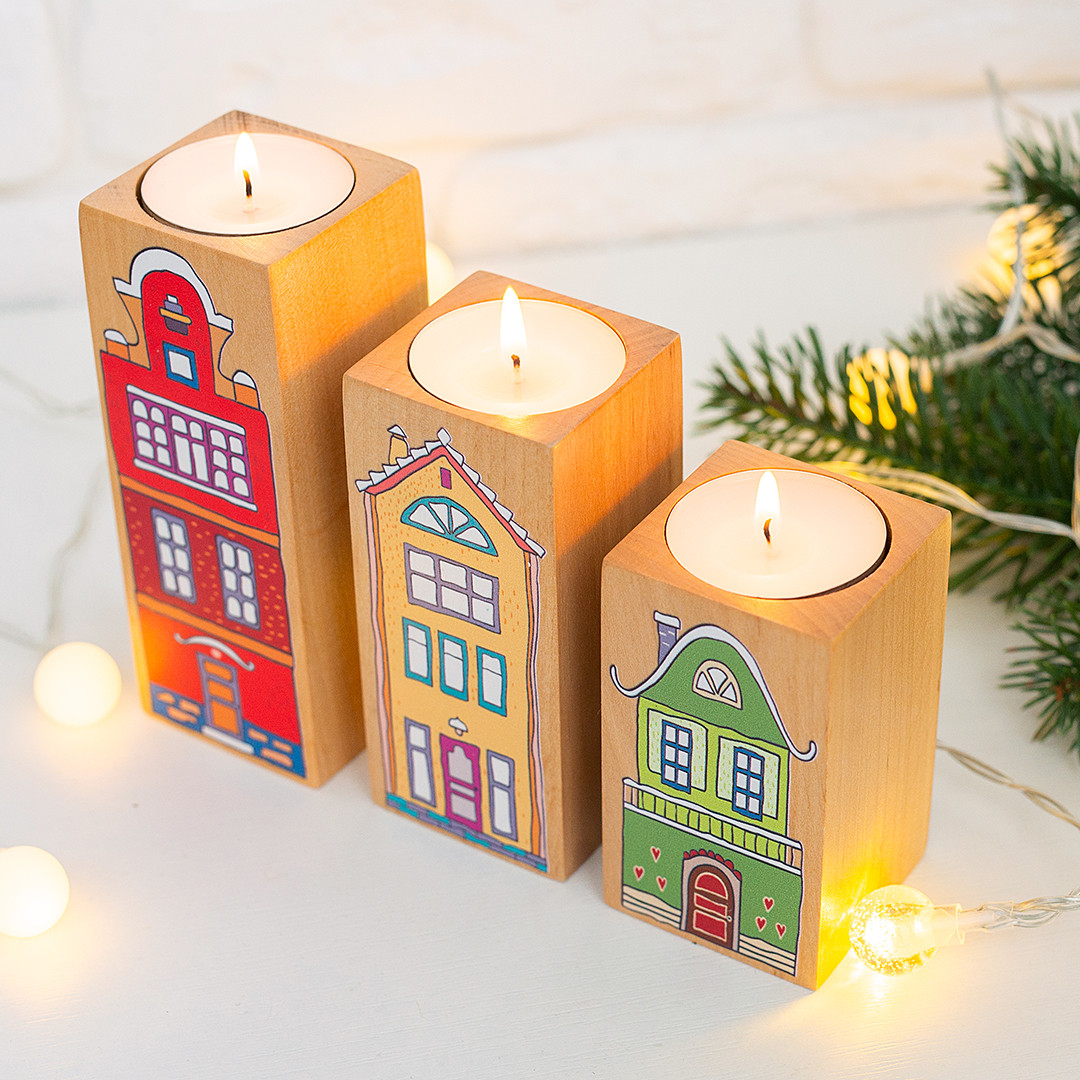 Підсвічники з натурального дерева, набір 3 шт. під чайну свічку "Будиночки" (натуральний колір), фото 1