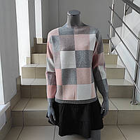 Светр жіночий трикотажний клітинка M-L рожево-сірий