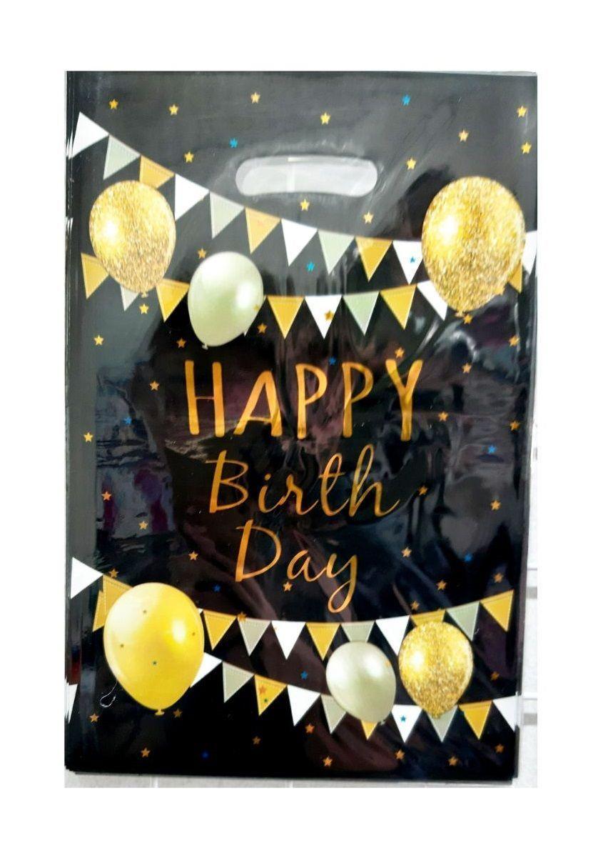 Пакети для подарунків Happy Birthday 17×25 см, 10 шт, чорні з кульками25