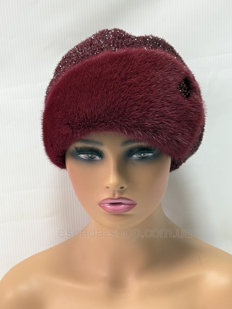 Жіночий хутряний берет з натуральним хутром норки на трикотажній основі "Восьмиклинка" Бордовий, фото 1