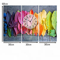 Модульна картина з годинником «Осіннє листя» Яскравий настінний декор для інтер'єру Годинник з безшумним механізмом 90х60 см, фото 5