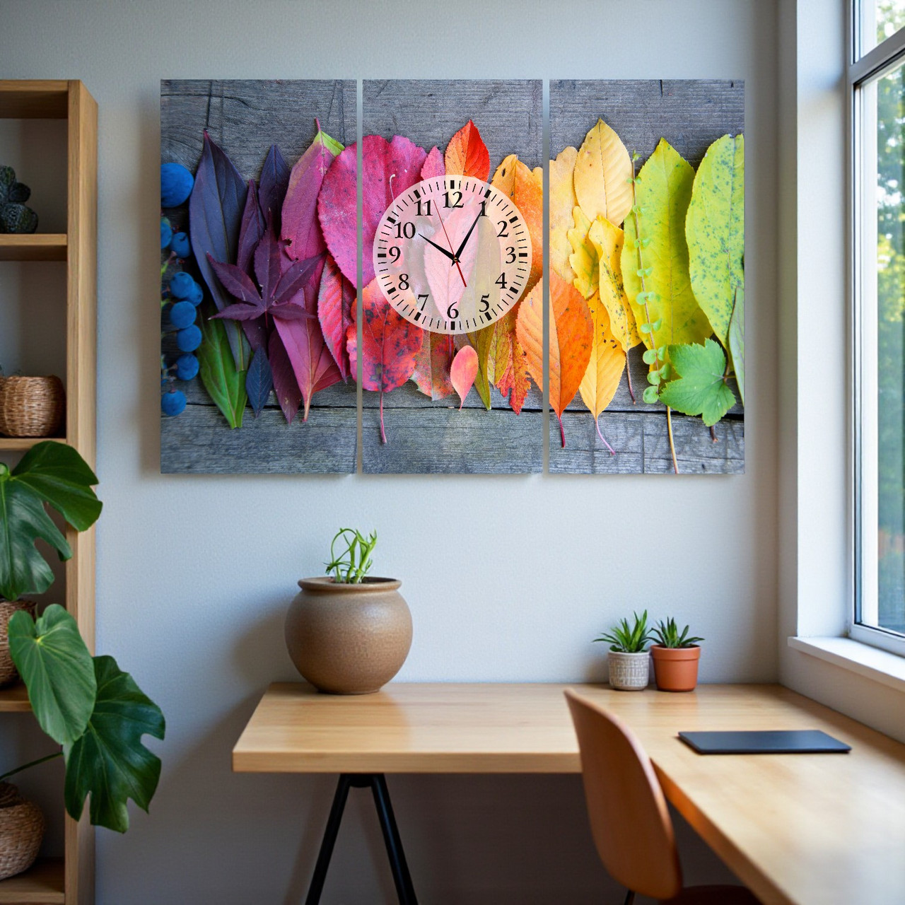 Модульна картина з годинником «Осіннє листя» Яскравий настінний декор для інтер'єру Годинник з безшумним механізмом 90х60 см, фото 1