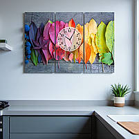 Модульна картина з годинником «Осіннє листя» Яскравий настінний декор для інтер'єру Годинник з безшумним механізмом 90х60 см, фото 3