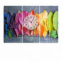 Модульна картина з годинником «Осіннє листя» Яскравий настінний декор для інтер'єру Годинник з безшумним механізмом 90х60 см, фото 2