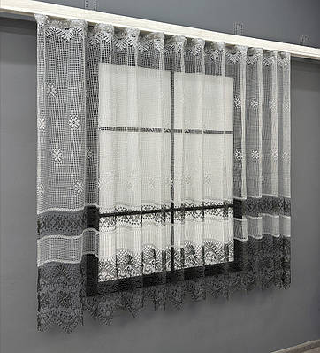 Тюль сітка "Juli" Арка на кухню, колір сірий з чорним. Код 1232т