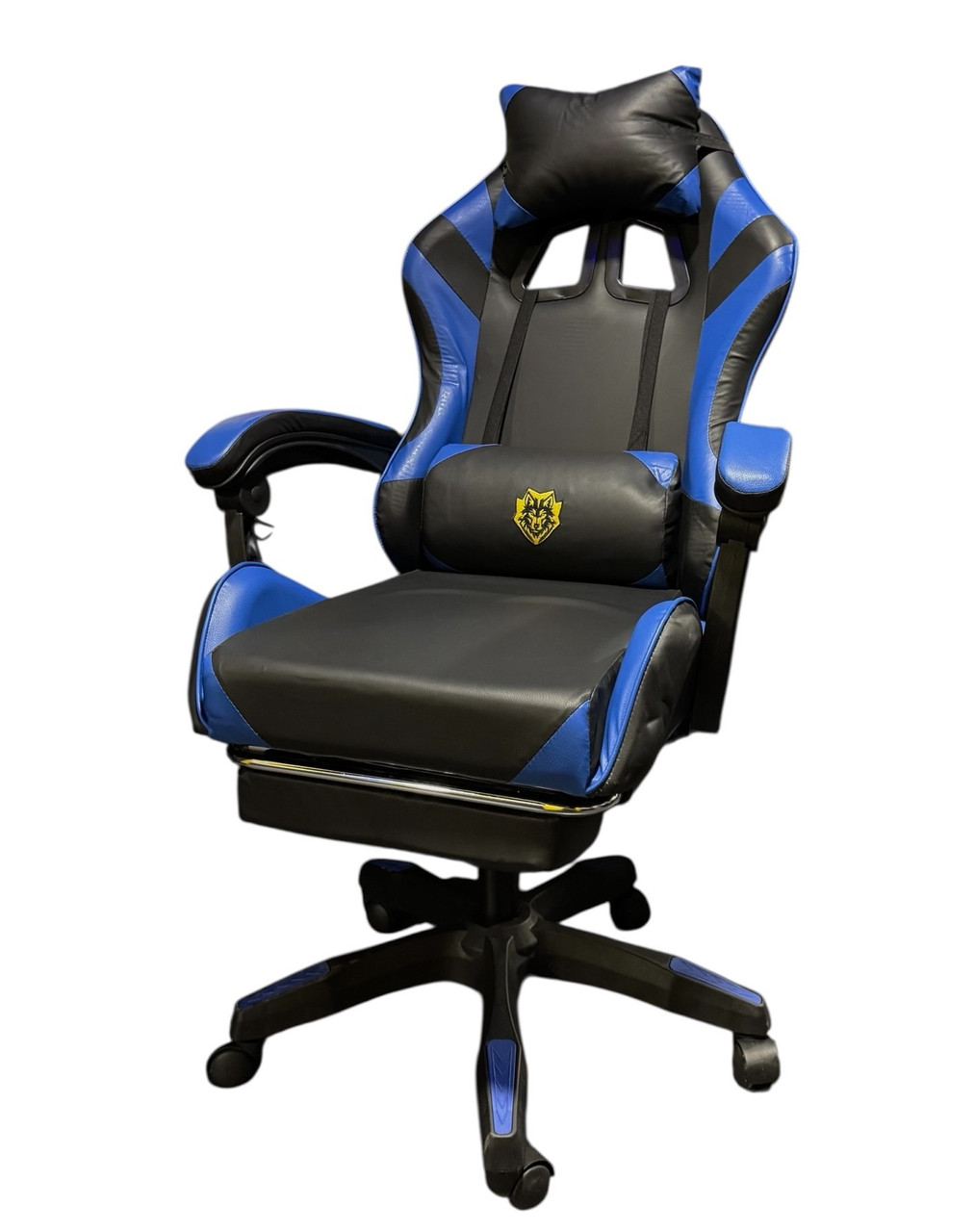 Геймерське крісло Primaveo з ергономічними подушками та підставкою для ніг — офісне крісло чорно-синє, екошкіра, фото 1