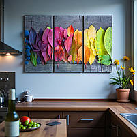 Модульна картина «Осіннє кольорове листя» Яскравий настінний декор для дому Друк на полотні 90х60 см з 3х частин, фото 3