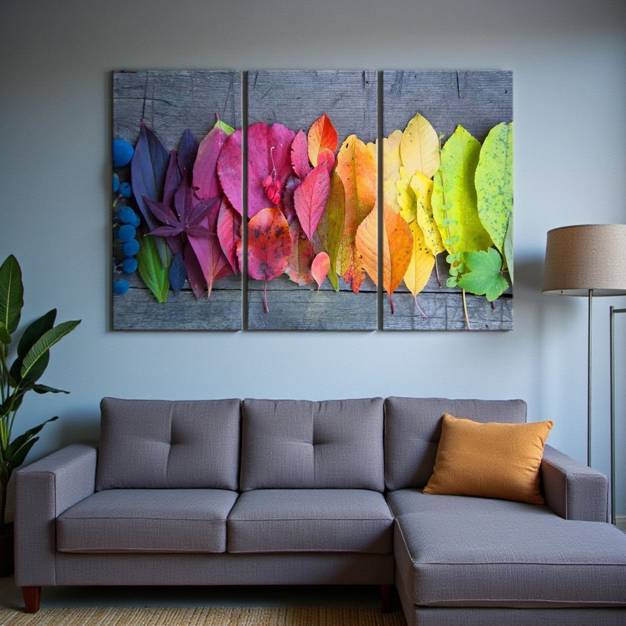 Модульна картина «Осіннє кольорове листя» Яскравий настінний декор для дому Друк на полотні 90х60 см з 3х частин, фото 1