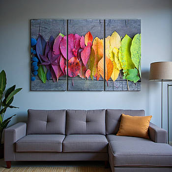 Модульна картина «Осіннє кольорове листя» Яскравий настінний декор для дому Друк на полотні 90х60 см з 3х частин